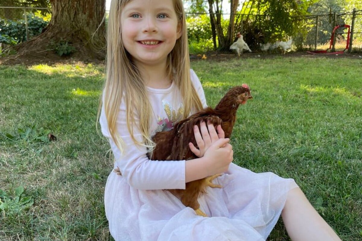 Child holding a chicken under trees at Three Hearts Farm